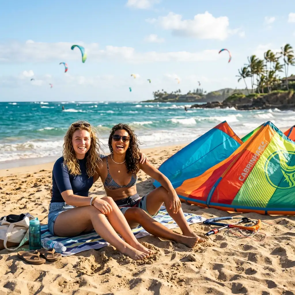 Girls on beach with kitesurfing gear
