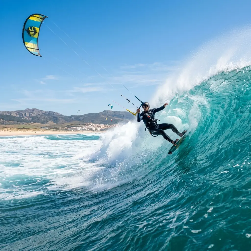 Kitesurfer jumping over turquoise ocean